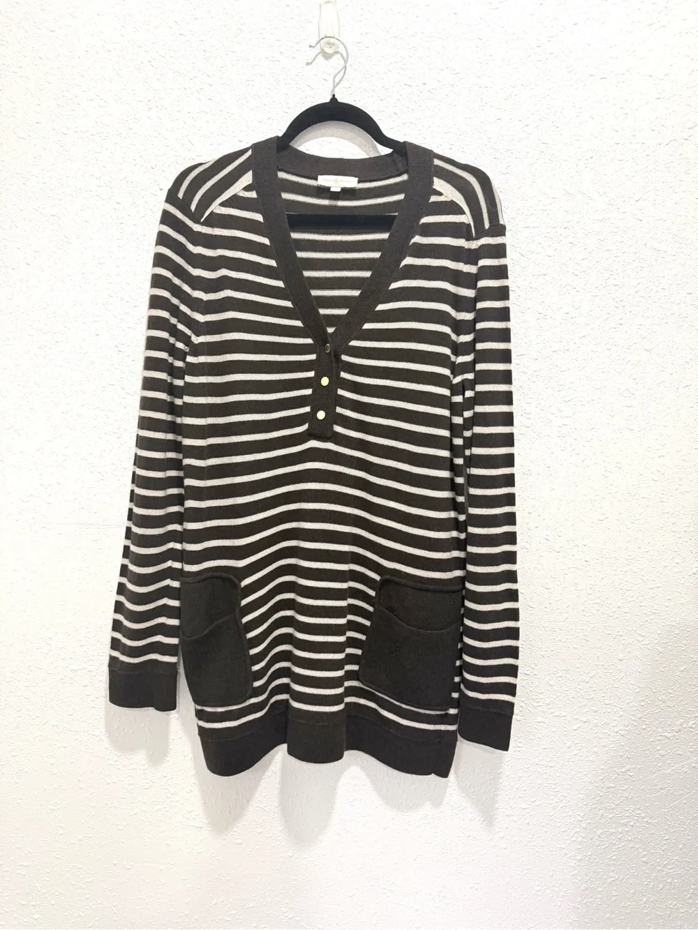 Tory Burch Striped V-Neck Pocket Tunic Sweater XL